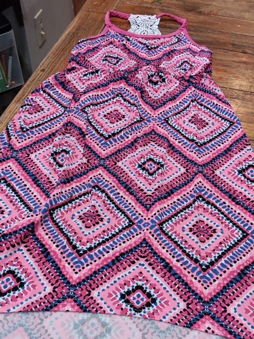 One Step Up  Pink Geometric Print  Dress with Lace Back